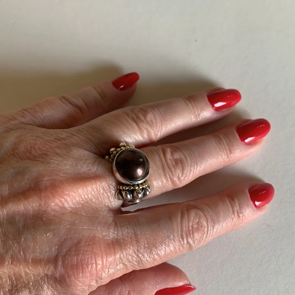 LAGOS SS and 18K gold caviar black mobe ring